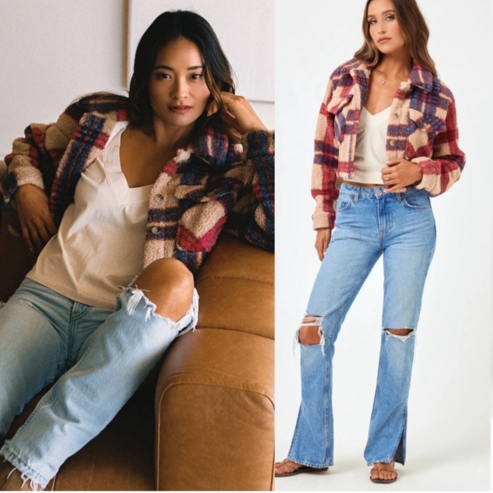 L*SPACE Big Sur Plaid Sherpa Cropped Jacket NWT